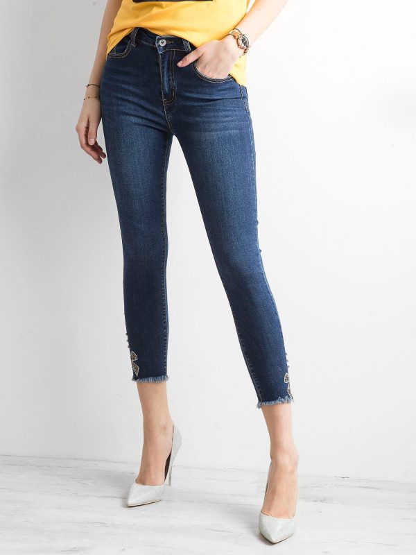 Wholesale Dark blue ankle jeans trousers with applique