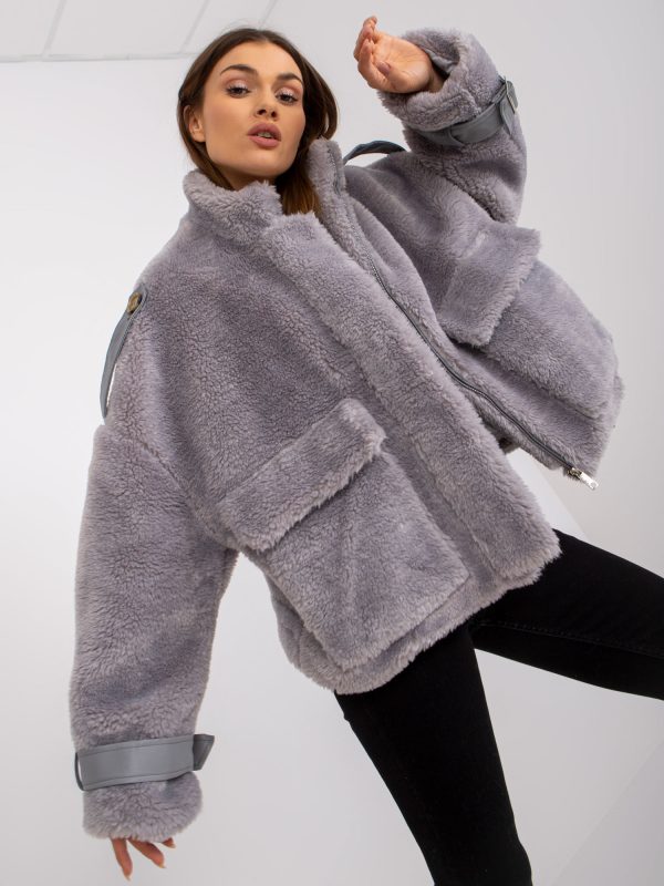 Wholesale Grey Fur Winter Jacket with Pockets Vibes