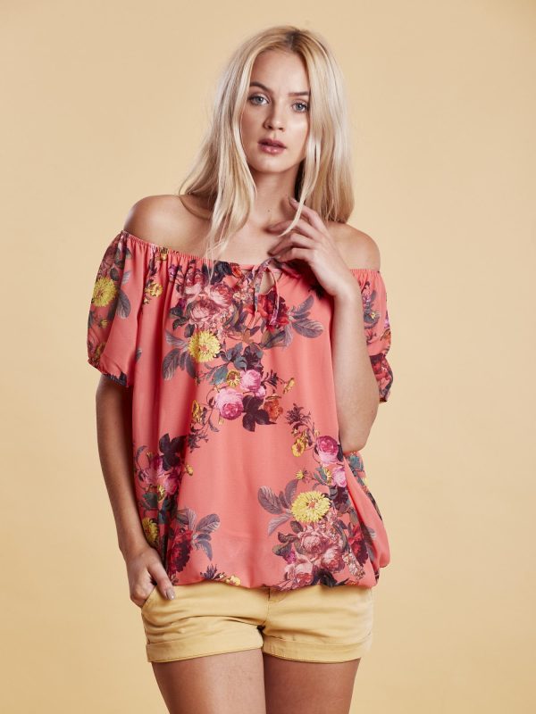 Wholesale Coral floral blouse with tie at the neckline