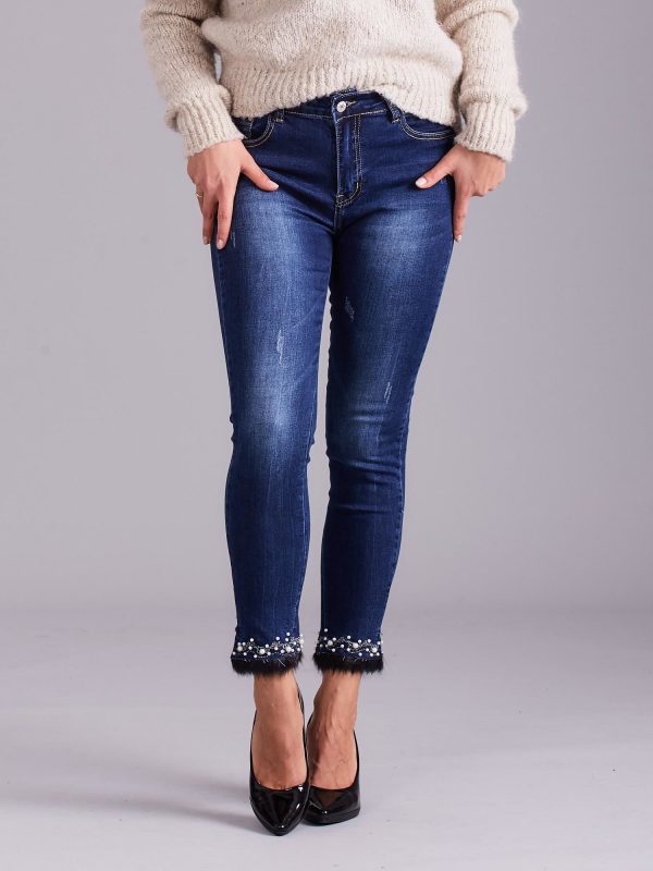 Wholesale Blue slim fit jeans with applique