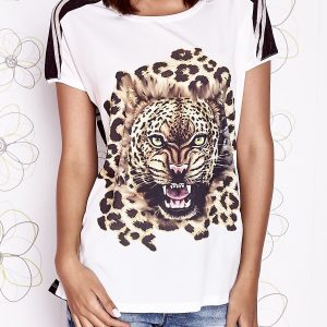 Wholesale Ecru t-shirt with brown animal print and striped back