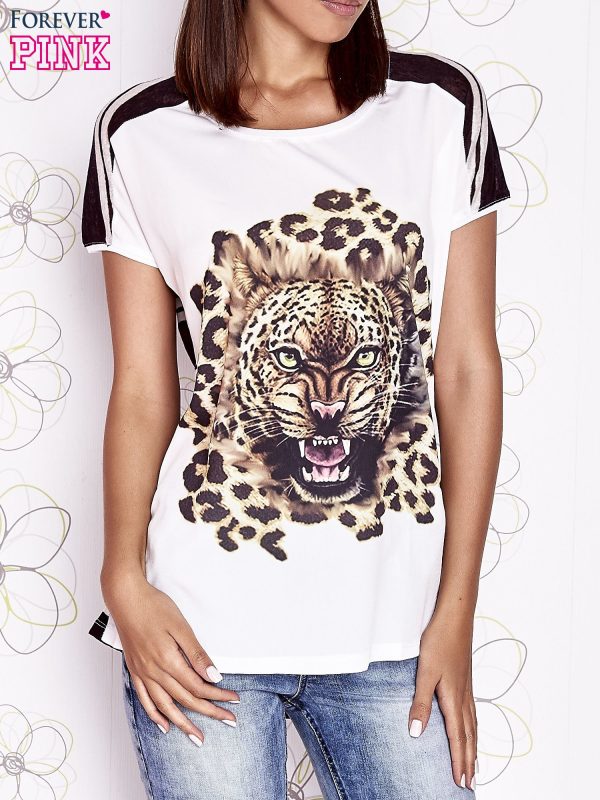 Wholesale Ecru t-shirt with brown animal print and striped back