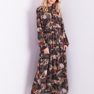 Wholesale BY O LA LA Patterned khaki maxi dress