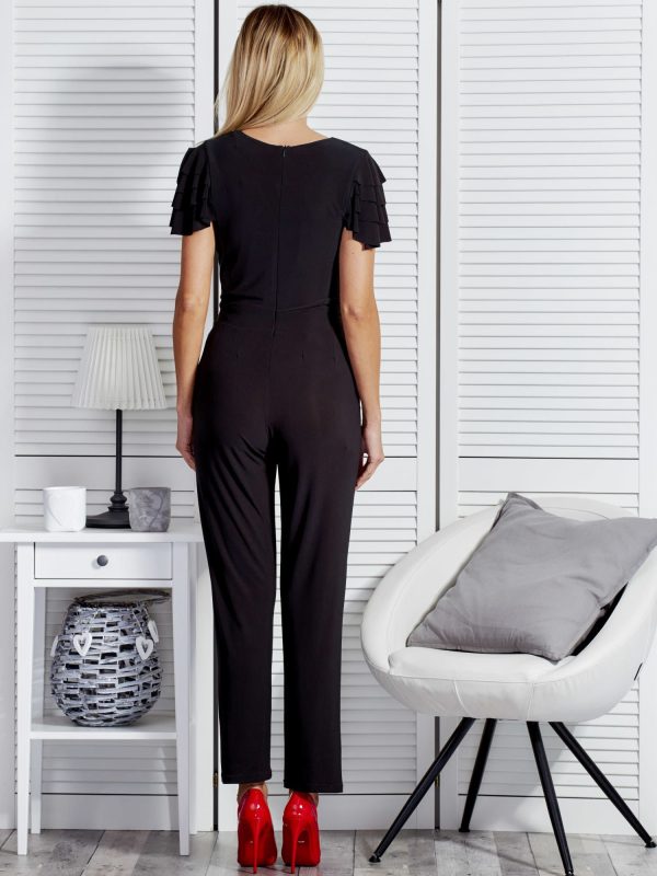 Wholesale Elegant V-neck jumpsuit with flounces on the shoulders black