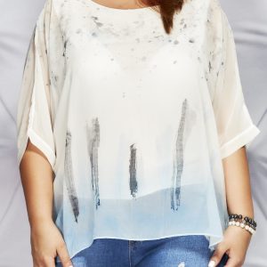 Wholesale Blouse in painting patterns blue PLUS SIZE