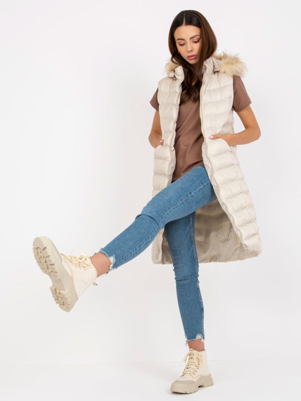 Wholesale Light beige long down vest with hood RUE PARIS