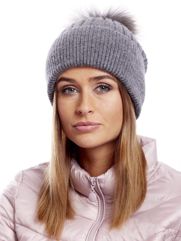 Wholesale Dark gray ribbed hat with fur