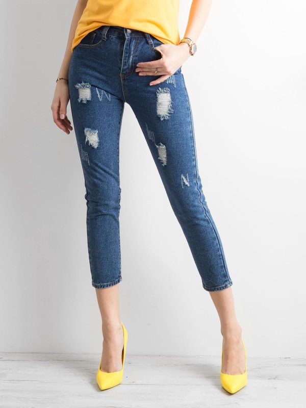 Wholesale Dark blue ankle jeans pants with abrasions