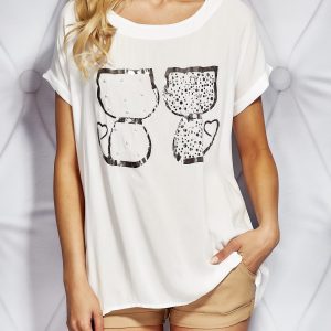 Wholesale White t-shirt with cat print and pearls