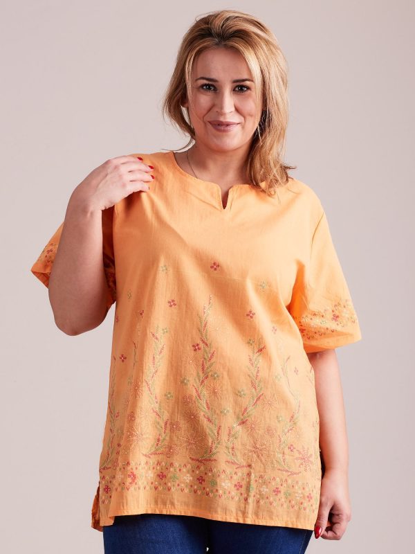 Wholesale Patterned shirt blouse oversize orange PLUS SIZE