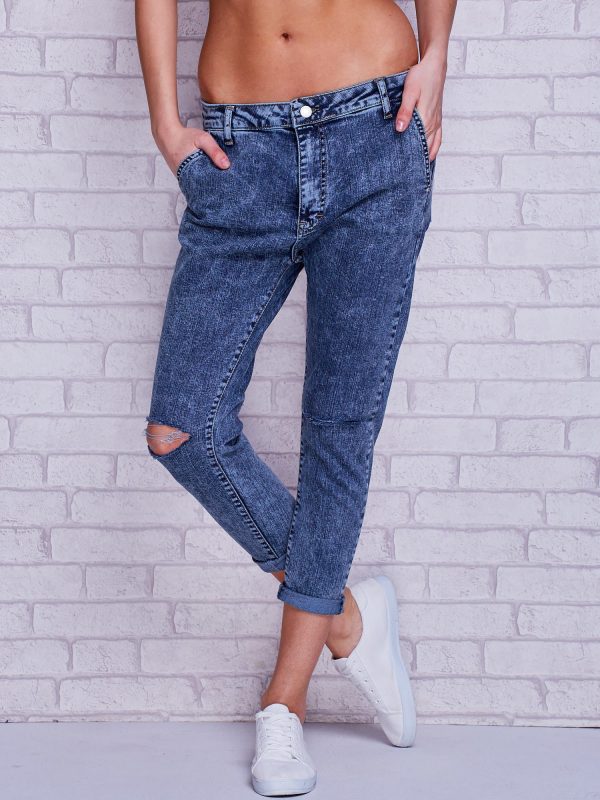 Wholesale Marbled jeans trousers with holes blue