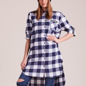 Wholesale Navy Blue Plaid Long Shirt