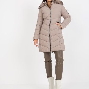 Wholesale Dunkelbeige Winter-Daunenjacke mit Fell an der Capuze