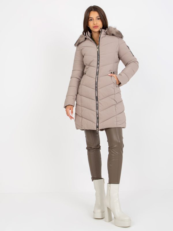 Wholesale Dunkelbeige Winter-Daunenjacke mit Fell an der Capuze