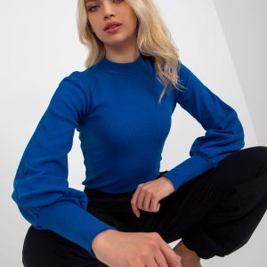 Wholesale Dark blue ribbed basic blouse with half turtleneck RUE PARIS