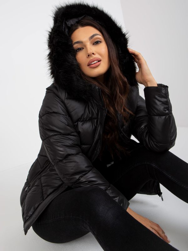 Wholesale Schwarze gesteppte Winterjacke mit Kapuze