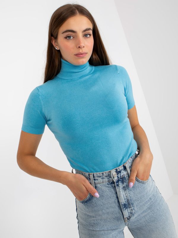 Wholesale Blue Fit Turtleneck Short Sleeve Sweater