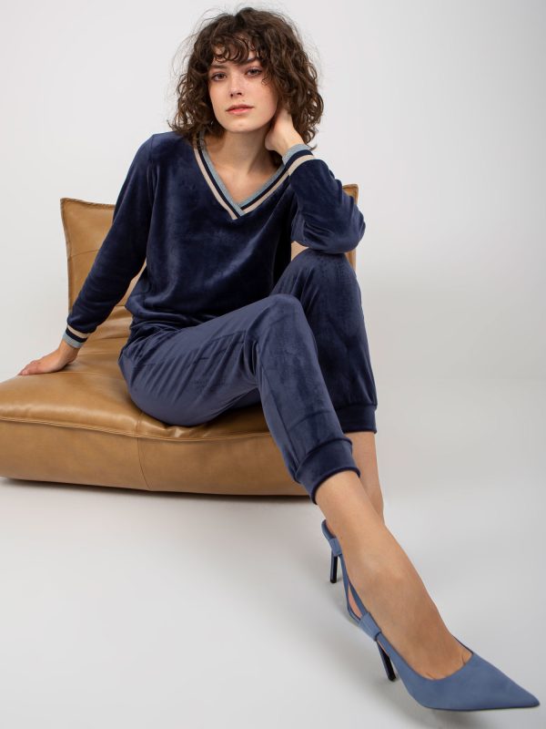 Wholesale Navy blue V-neck velour set Esti RUE PARIS