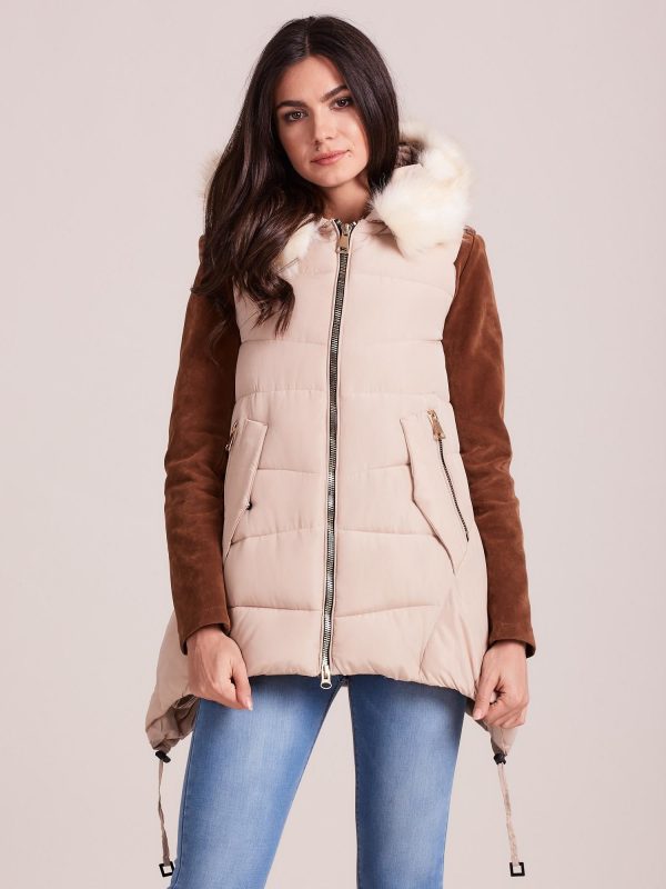 Wholesale Cream winter vest with hood and fur