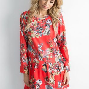 Wholesale Red floral print dress with flounce