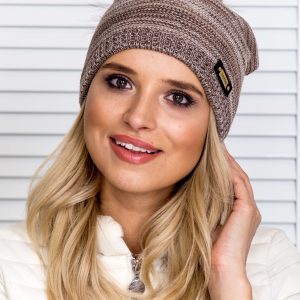 Wholesale Melange striped beanie cap light brown