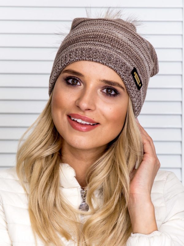 Wholesale Melange striped beanie cap light brown