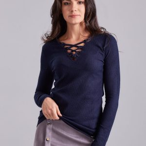 Wholesale Navy blue lace-up striped blouse