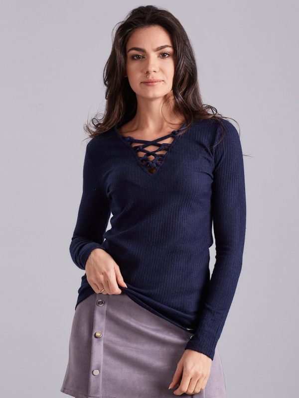 Wholesale Navy blue lace-up striped blouse