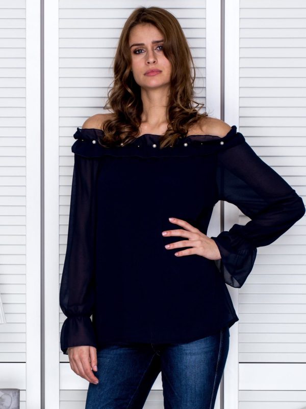 Wholesale Women's blouse with decorative neckline navy blue