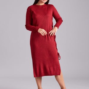 Wholesale Burgundy knitted dress with side lacing