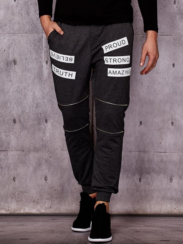 Wholesale Dark grey sweatpants with zippers and inscriptions