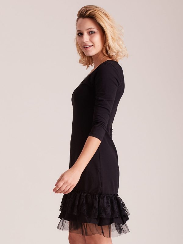 Wholesale Black dress with tulle and lace ruffle