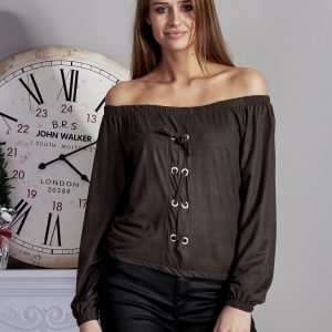 Wholesale Suede spanish blouse lace up khaki