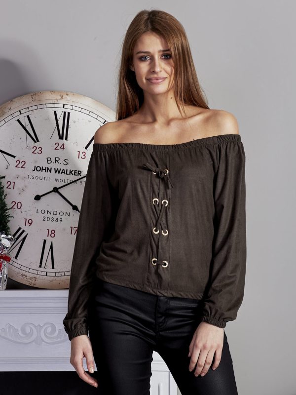 Wholesale Suede spanish blouse lace up khaki