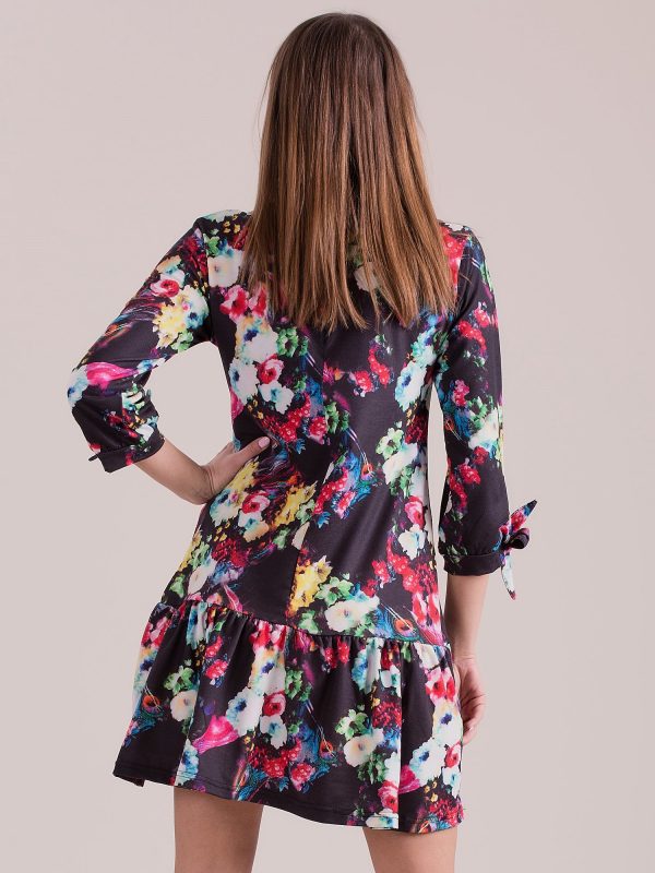 Wholesale Black floral print dress with knotted sleeves