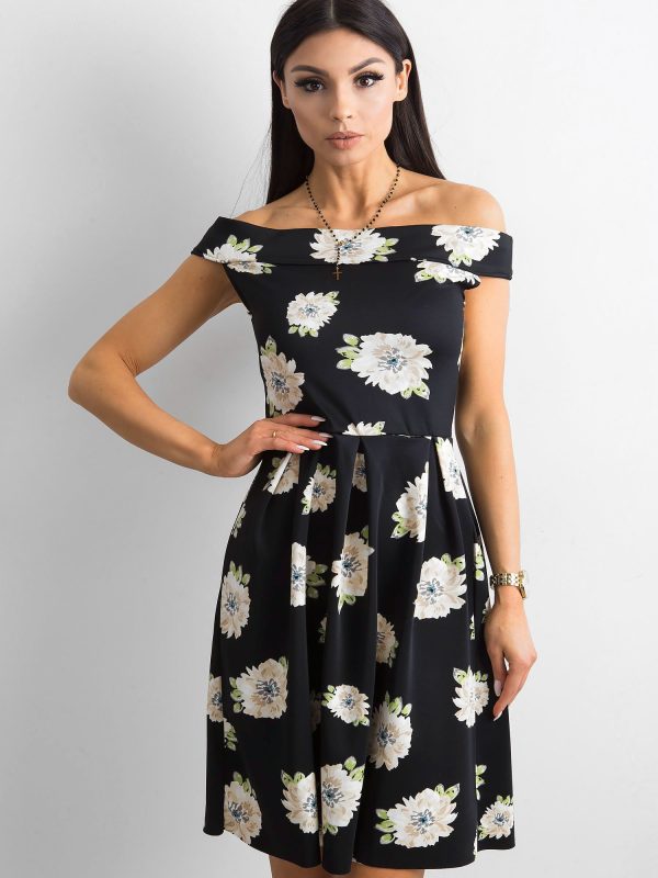 Wholesale Black dress with bare shoulders with floral