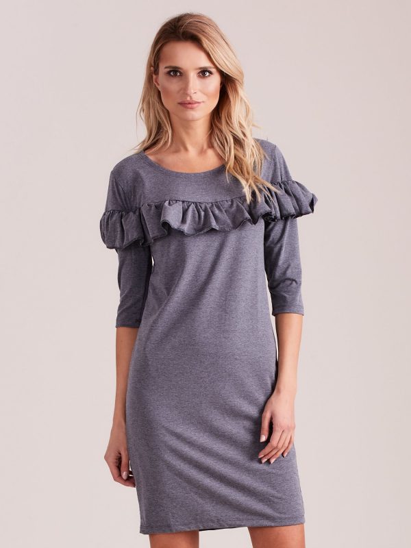 Wholesale Dark grey dress with wide flounce