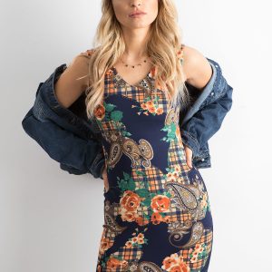 Wholesale Navy blue fitted dress with flower motif