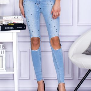 Wholesale Denim pants with holes and pearls blue