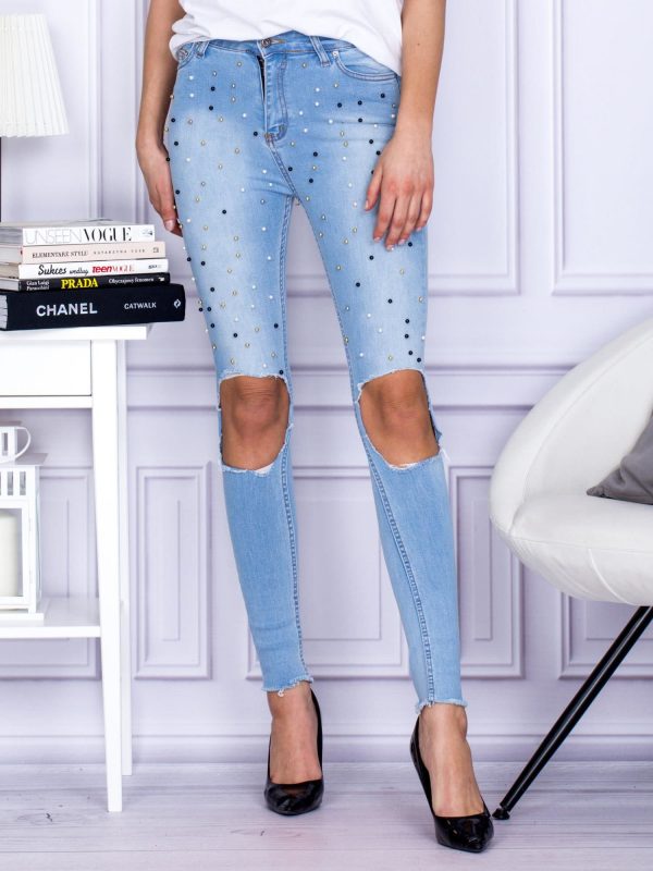 Wholesale Denim pants with holes and pearls blue