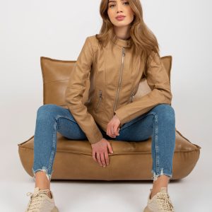 Wholesale Light-camel eco-leather biker jacket with Eulalie lining