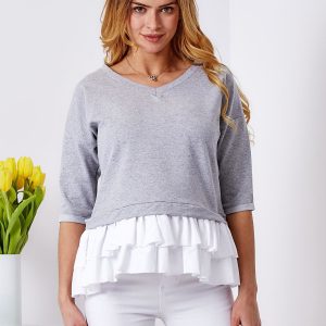 Wholesale Grey V-neck blouse with contrasting frill