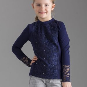 Wholesale Navy Blue Elegant Girls' Blouse with Lace