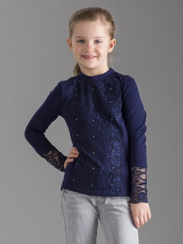 Wholesale Navy Blue Elegant Girls' Blouse with Lace