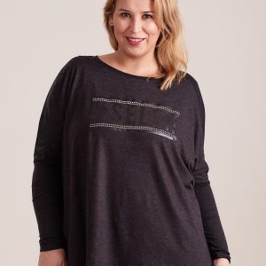 Wholesale Graphite blouse with plus size lettering and rhinestones