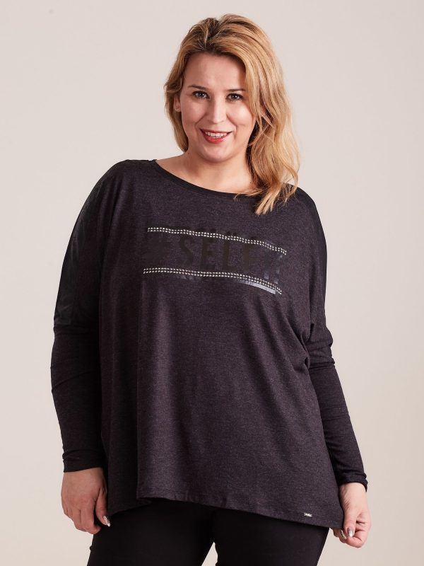 Wholesale Graphite blouse with plus size lettering and rhinestones