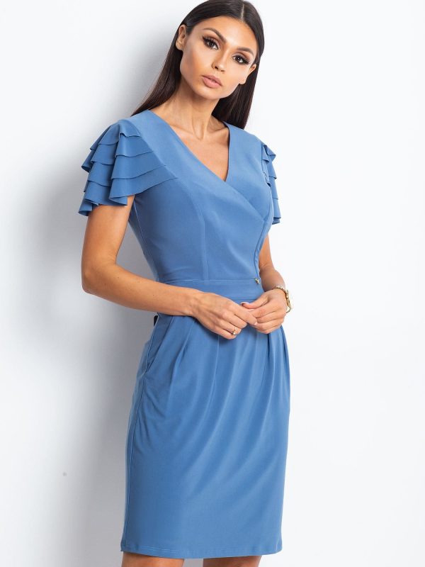 Wholesale Blue cocktail dress with flounces on the sleeves