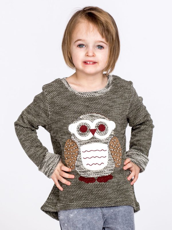 Wholesale Green children's sweater with owl and pearls