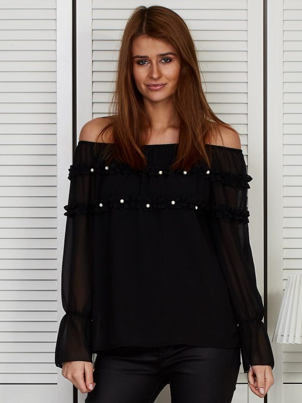 Wholesale Spanish blouse with frills and pearls black