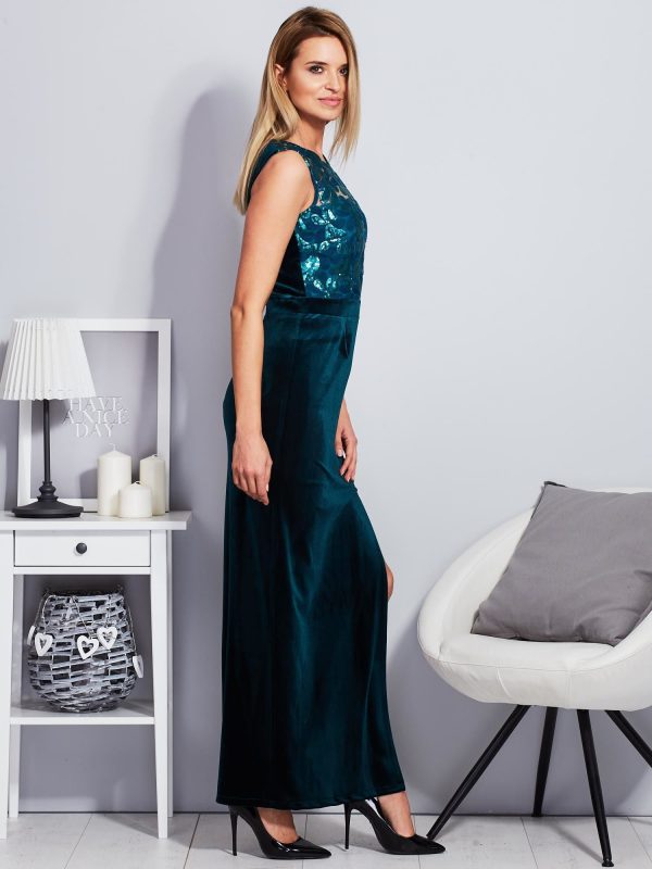 Wholesale Dark green velvet dress with sequin flowers